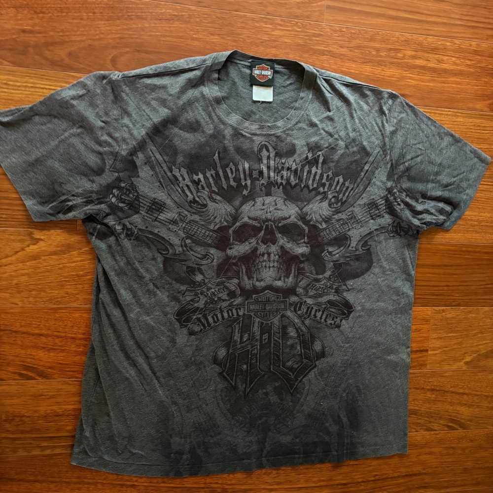 GRAIL Y2K Harley-Davidson Skull Guitar AOP Graphic T-Shirt Charcoal Grey XXL